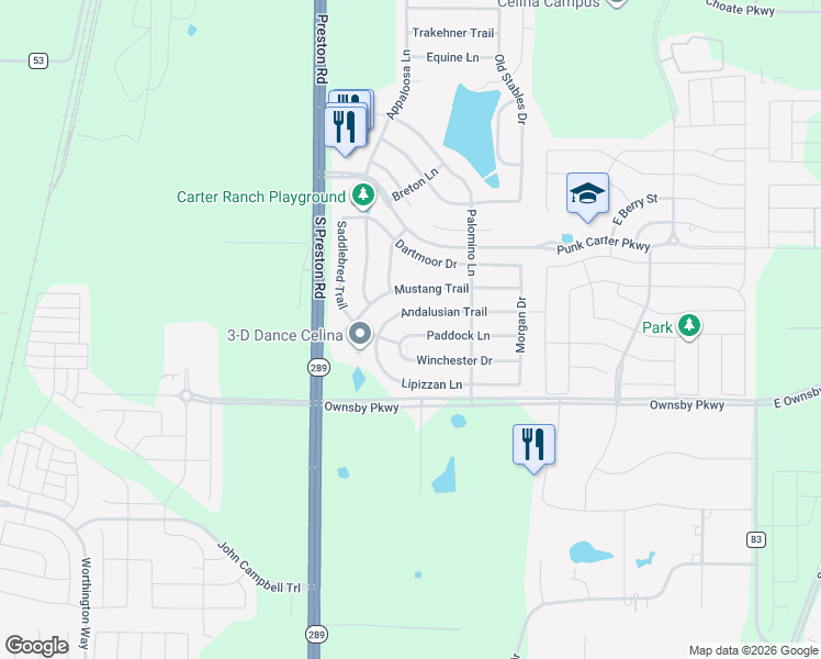 map of restaurants, bars, coffee shops, grocery stores, and more near 408 Paddock Lane in Celina