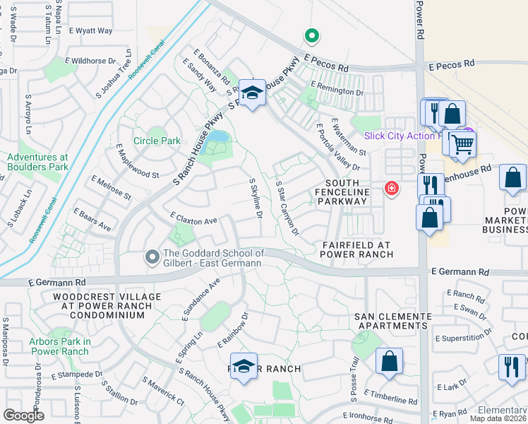 map of restaurants, bars, coffee shops, grocery stores, and more near 3777 South Skyline Drive in Gilbert