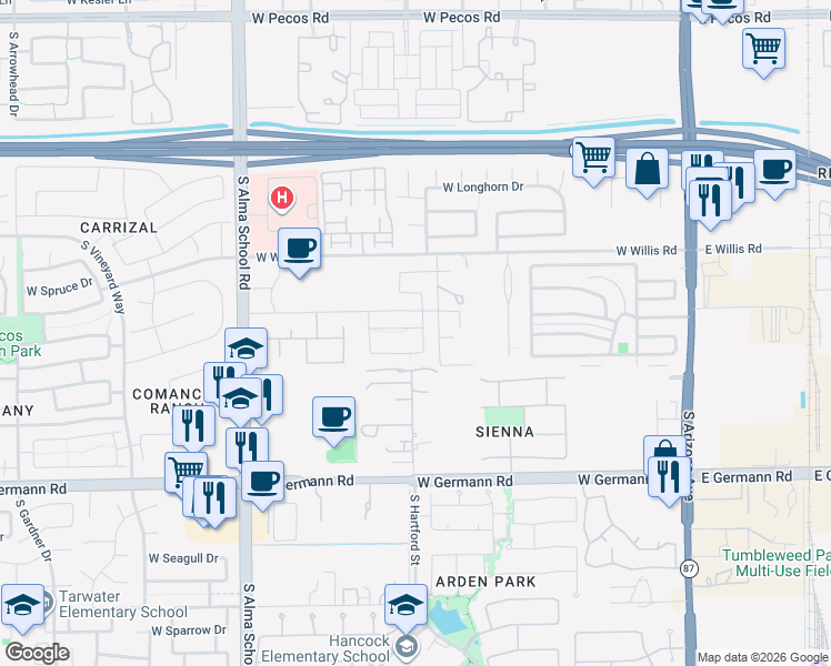 map of restaurants, bars, coffee shops, grocery stores, and more near 700 West Enfield Way in Chandler