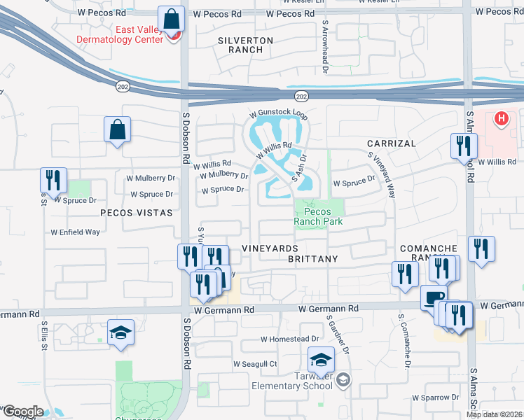 map of restaurants, bars, coffee shops, grocery stores, and more near 1675 South Villas Lane in Chandler