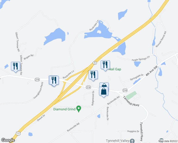map of restaurants, bars, coffee shops, grocery stores, and more near Alabama 216 in McCalla
