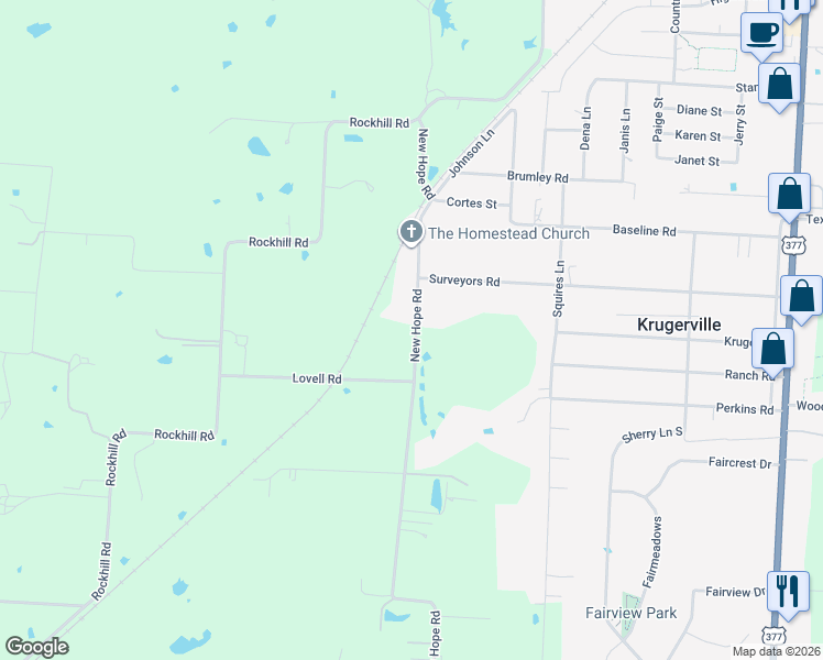 map of restaurants, bars, coffee shops, grocery stores, and more near 5844 New Hope Road in Aubrey