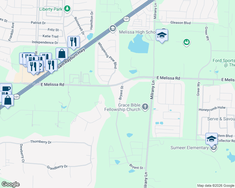 map of restaurants, bars, coffee shops, grocery stores, and more near 2645 Bryant Street in Melissa