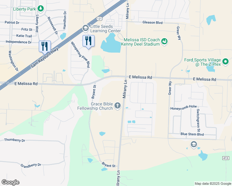 map of restaurants, bars, coffee shops, grocery stores, and more near 6315 Farm to Market Road 2933 in Melissa