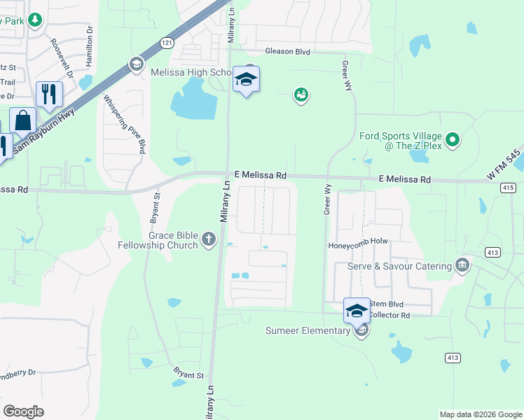 map of restaurants, bars, coffee shops, grocery stores, and more near 3621 East Melissa Road in Melissa