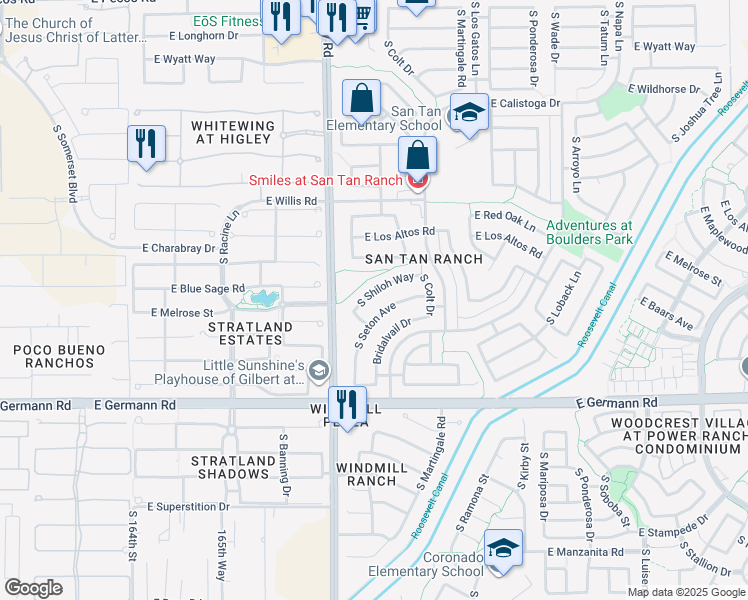 map of restaurants, bars, coffee shops, grocery stores, and more near 3772 South Shiloh Way in Gilbert