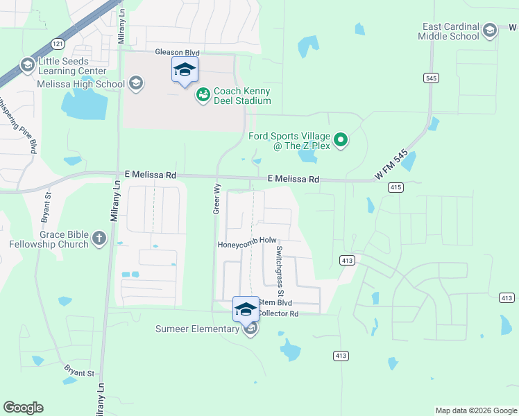 map of restaurants, bars, coffee shops, grocery stores, and more near 3811 Creekdale Drive in Melissa