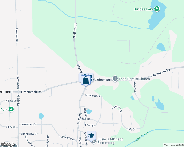 map of restaurants, bars, coffee shops, grocery stores, and more near 707 1/2 East Mcintosh Road in Griffin