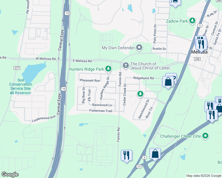 map of restaurants, bars, coffee shops, grocery stores, and more near 2301 Mallard Drive in Melissa