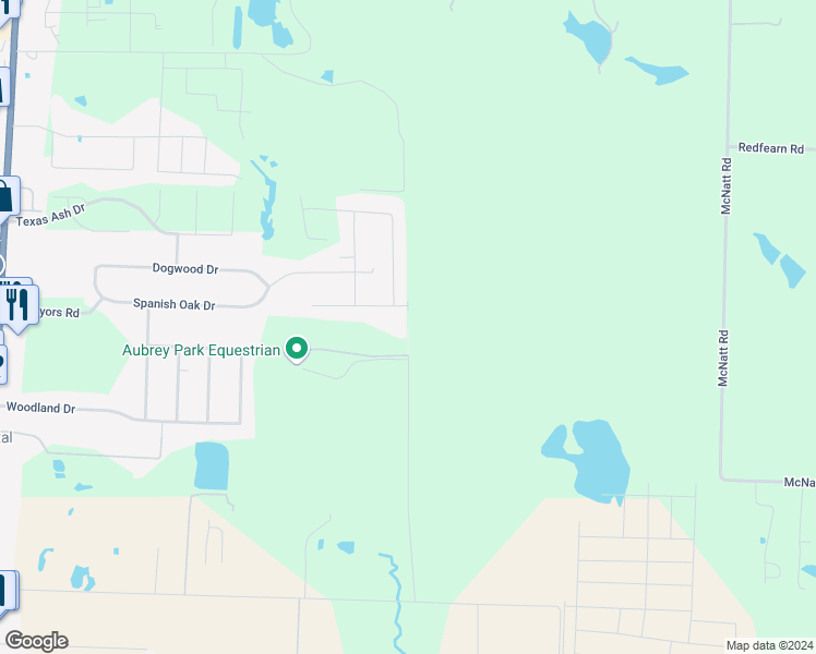 map of restaurants, bars, coffee shops, grocery stores, and more near 4799 Running Branch Road in Aubrey