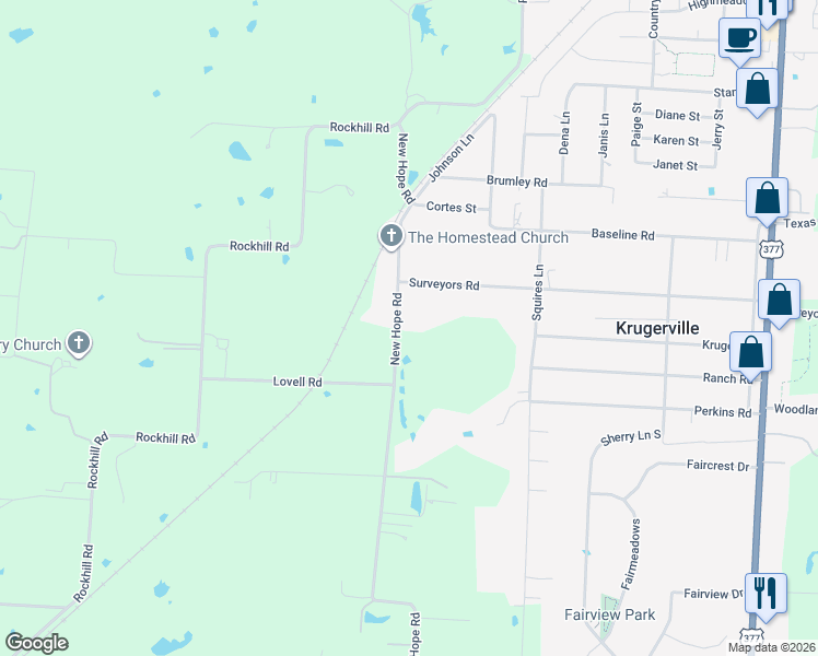 map of restaurants, bars, coffee shops, grocery stores, and more near 5844 New Hope Rd in Aubrey