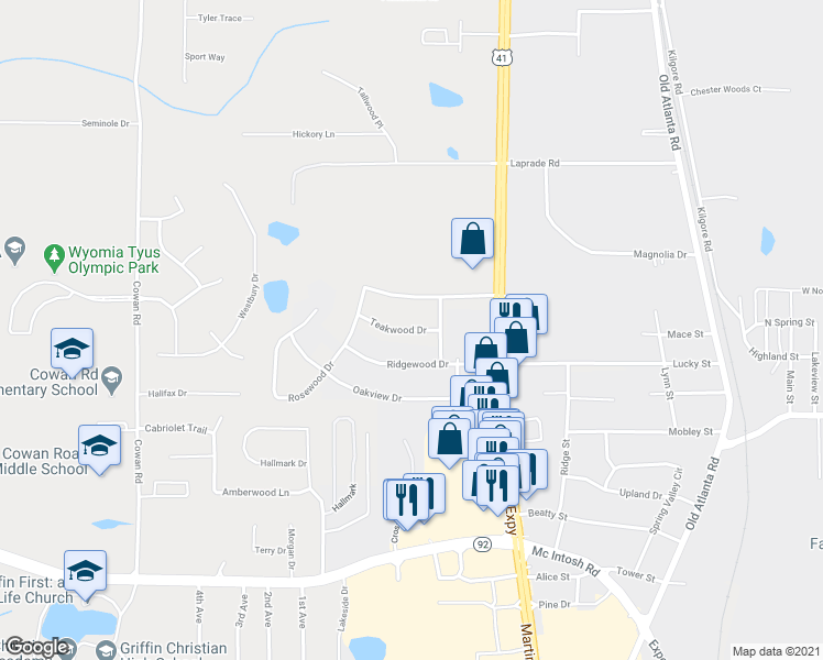 map of restaurants, bars, coffee shops, grocery stores, and more near 1508 Teakwood Drive in Griffin