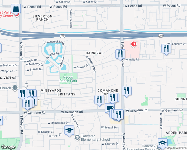 map of restaurants, bars, coffee shops, grocery stores, and more near 1711 South Navajo Way in Chandler
