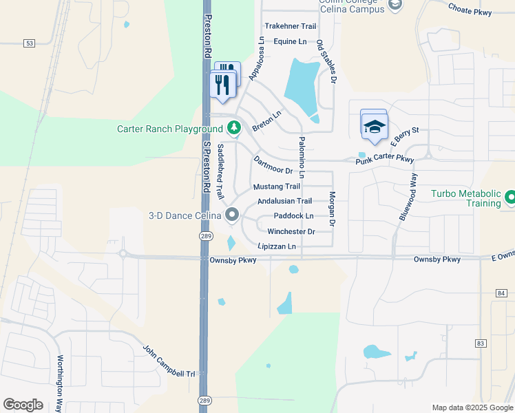 map of restaurants, bars, coffee shops, grocery stores, and more near 413 Andalusian Trail in Celina