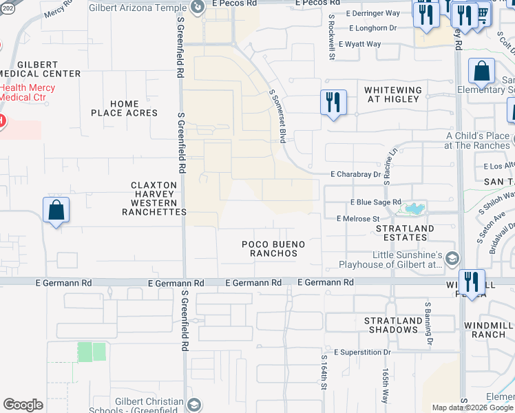 map of restaurants, bars, coffee shops, grocery stores, and more near 2606 East Blue Sage Road in Gilbert