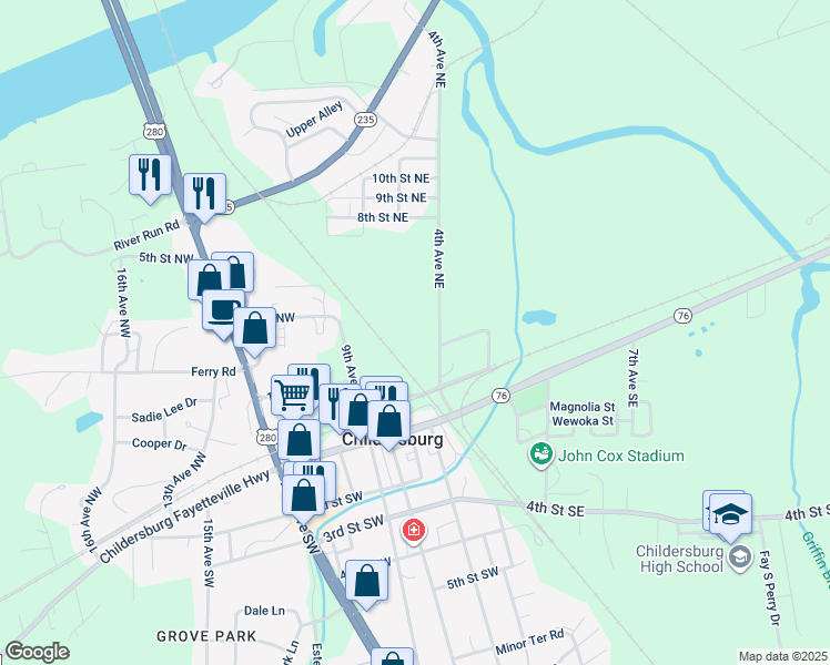 map of restaurants, bars, coffee shops, grocery stores, and more near 200 4th Avenue Southeast in Childersburg