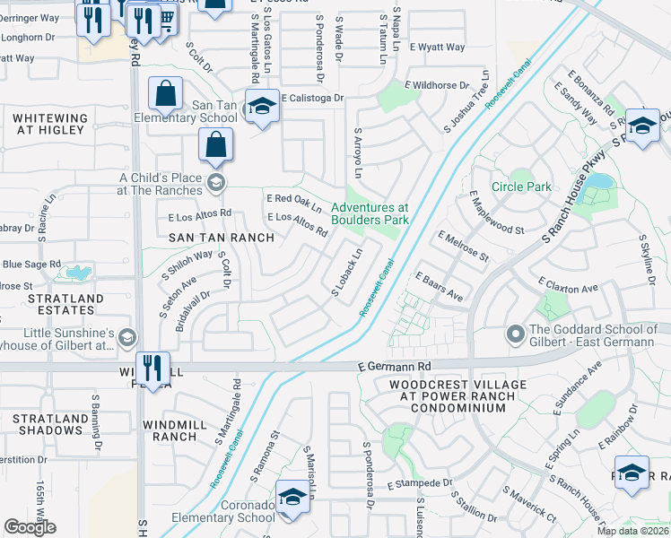 map of restaurants, bars, coffee shops, grocery stores, and more near 3765 South Brighton Lane in Gilbert