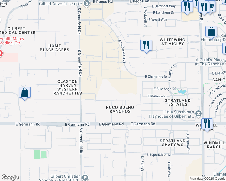 map of restaurants, bars, coffee shops, grocery stores, and more near 2606 East Blue Sage Road in Gilbert