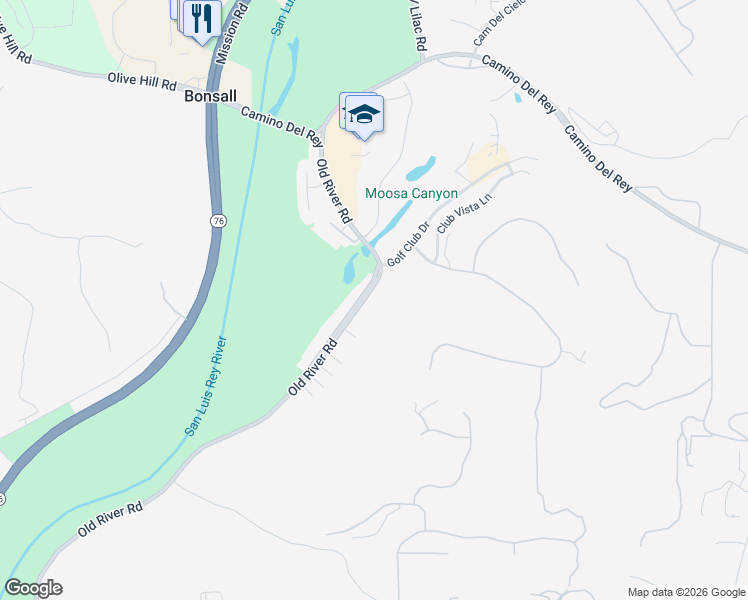 map of restaurants, bars, coffee shops, grocery stores, and more near 31242 Old River Road in Bonsall