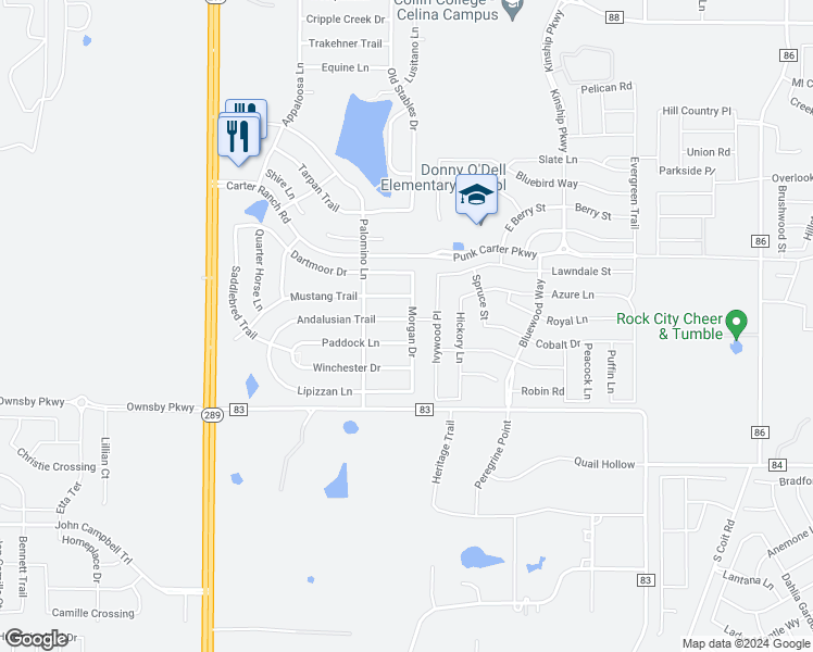 map of restaurants, bars, coffee shops, grocery stores, and more near 517 Andalusian Trail in Celina