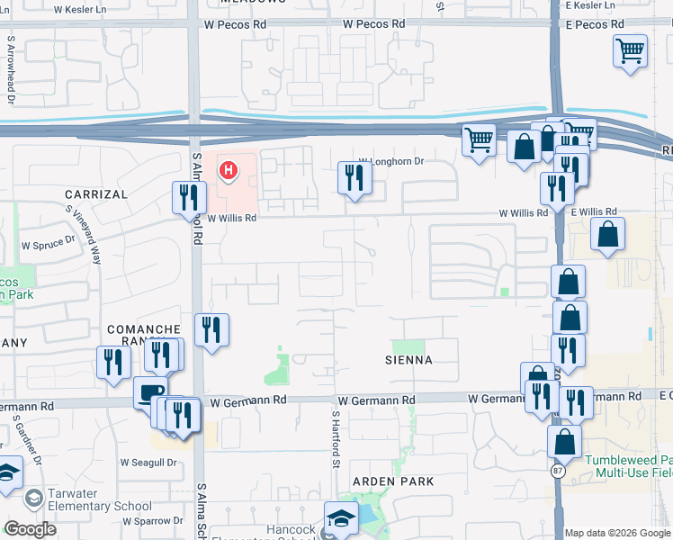 map of restaurants, bars, coffee shops, grocery stores, and more near 700 West Enfield Way in Chandler