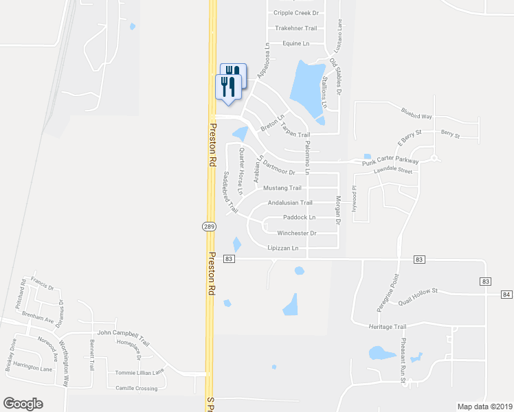 map of restaurants, bars, coffee shops, grocery stores, and more near 408 Andalusian Trail in Celina