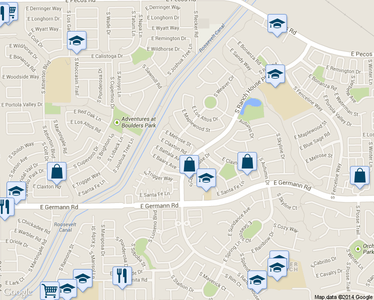map of restaurants, bars, coffee shops, grocery stores, and more near 3918 East Claxton Avenue in Gilbert