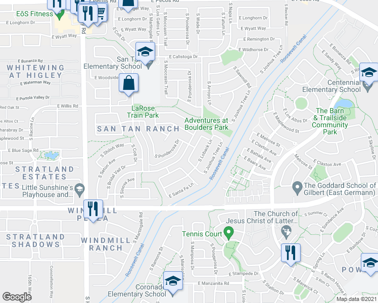 map of restaurants, bars, coffee shops, grocery stores, and more near 3756 South Cupertino Drive in Gilbert