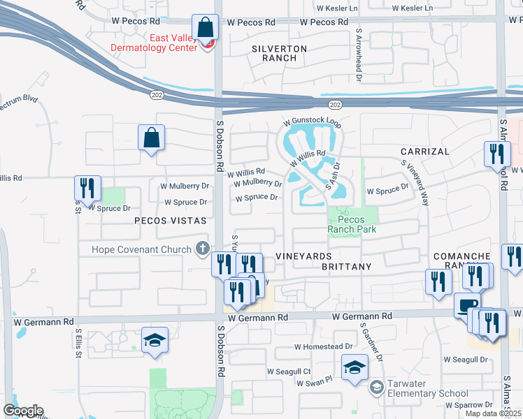 map of restaurants, bars, coffee shops, grocery stores, and more near 1773 West Spruce Drive in Chandler