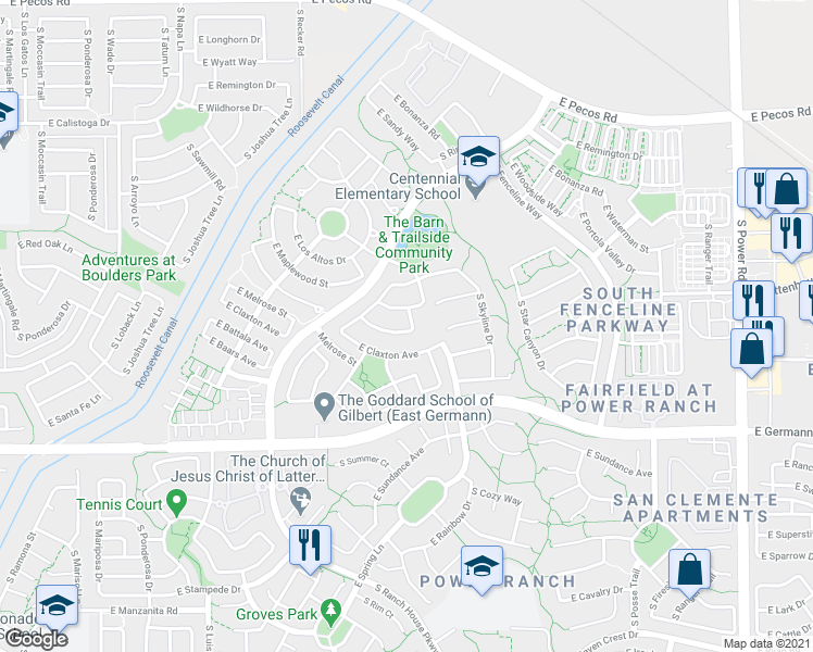 map of restaurants, bars, coffee shops, grocery stores, and more near 4186 East Blue Sage Road in Gilbert