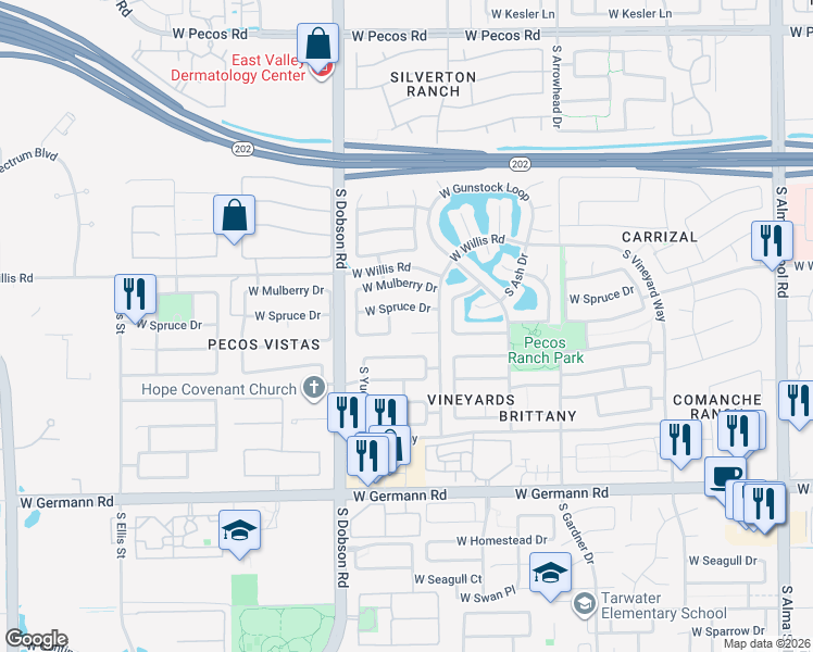 map of restaurants, bars, coffee shops, grocery stores, and more near 1773 West Spruce Drive in Chandler