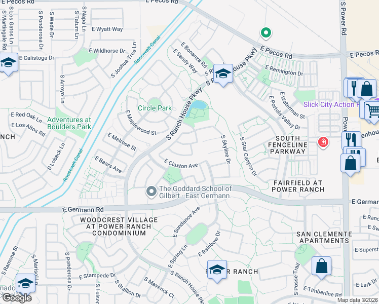map of restaurants, bars, coffee shops, grocery stores, and more near 3771 South Dew Drop Lane in Gilbert