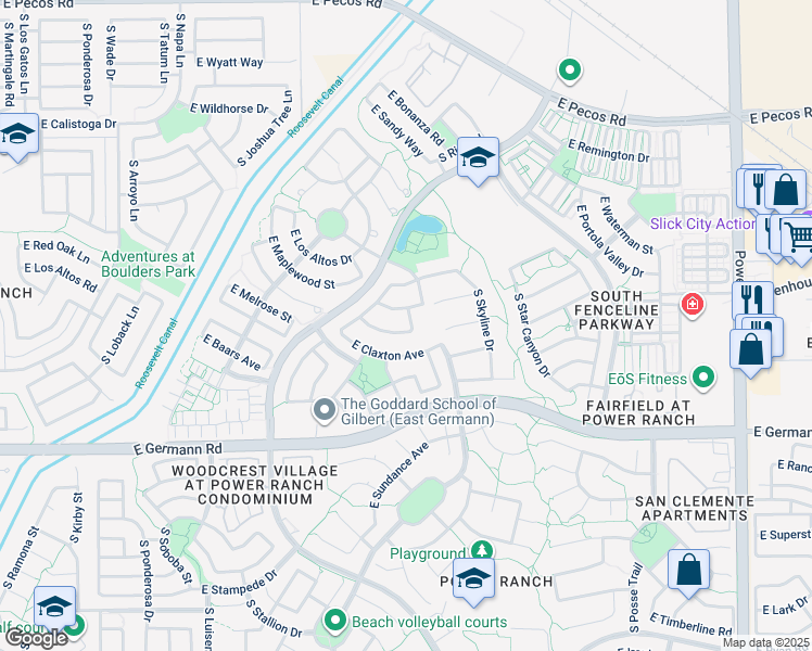 map of restaurants, bars, coffee shops, grocery stores, and more near 3771 South Dew Drop Lane in Gilbert