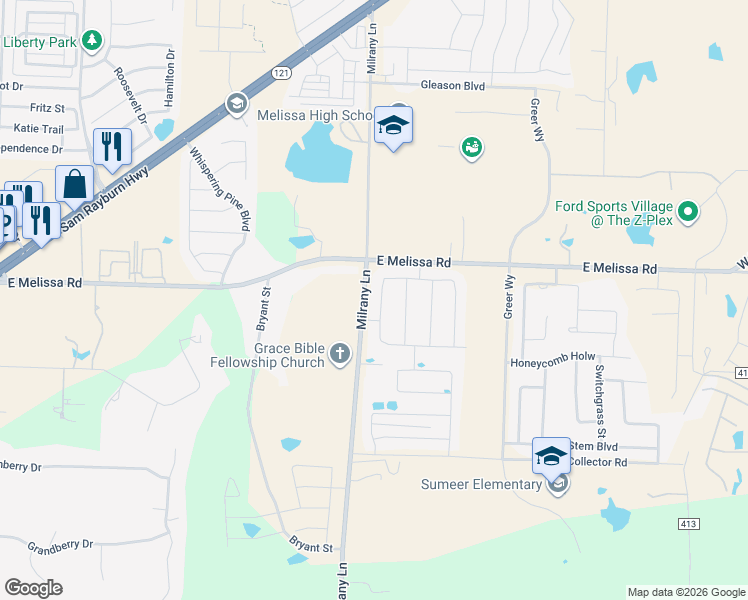 map of restaurants, bars, coffee shops, grocery stores, and more near 2232 Milrany Lane in Melissa
