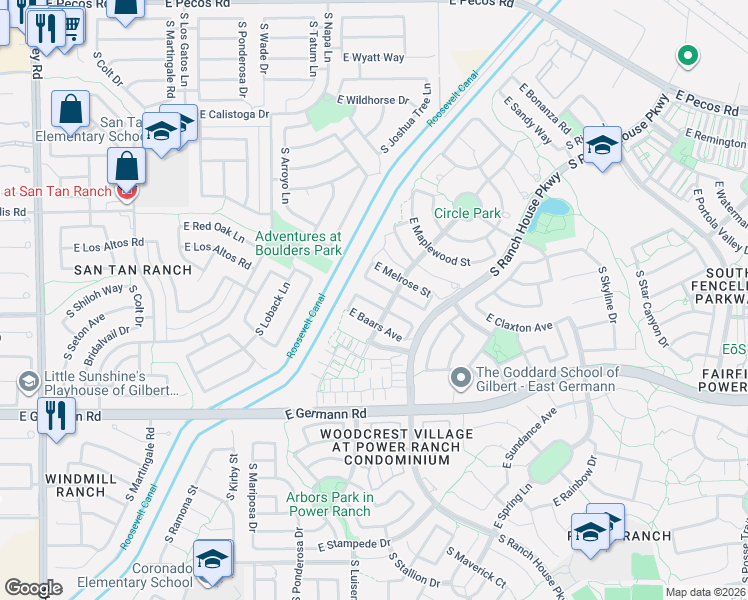 map of restaurants, bars, coffee shops, grocery stores, and more near 3854 East Battala Avenue in Gilbert