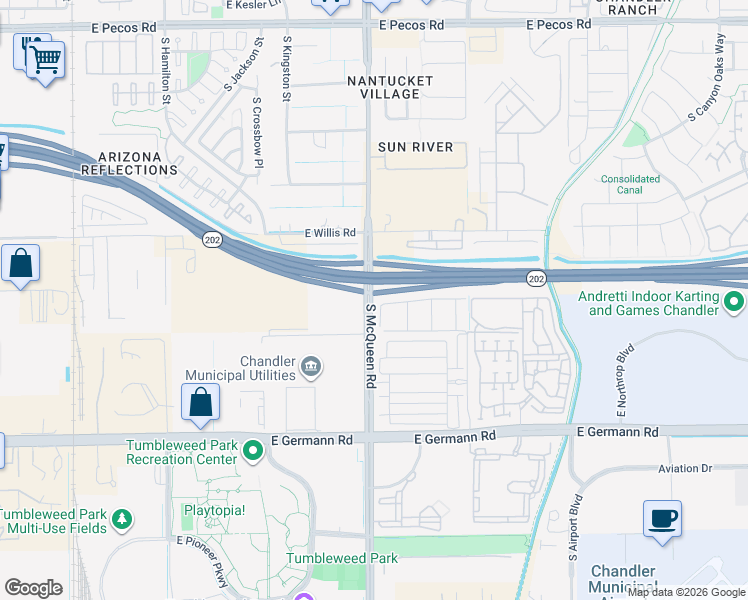 map of restaurants, bars, coffee shops, grocery stores, and more near S McQueen Rd in Chandler