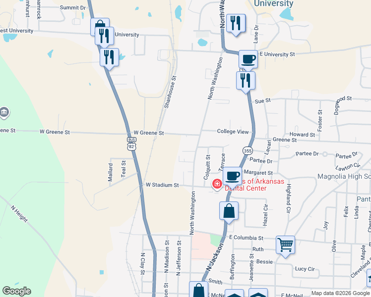 map of restaurants, bars, coffee shops, grocery stores, and more near 1511 North Washington in Magnolia