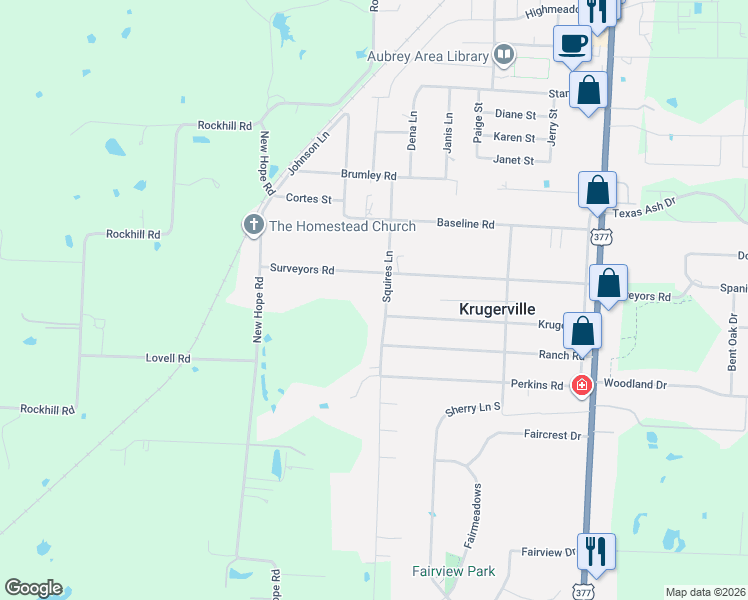 map of restaurants, bars, coffee shops, grocery stores, and more near 606 Squires Ln in Aubrey