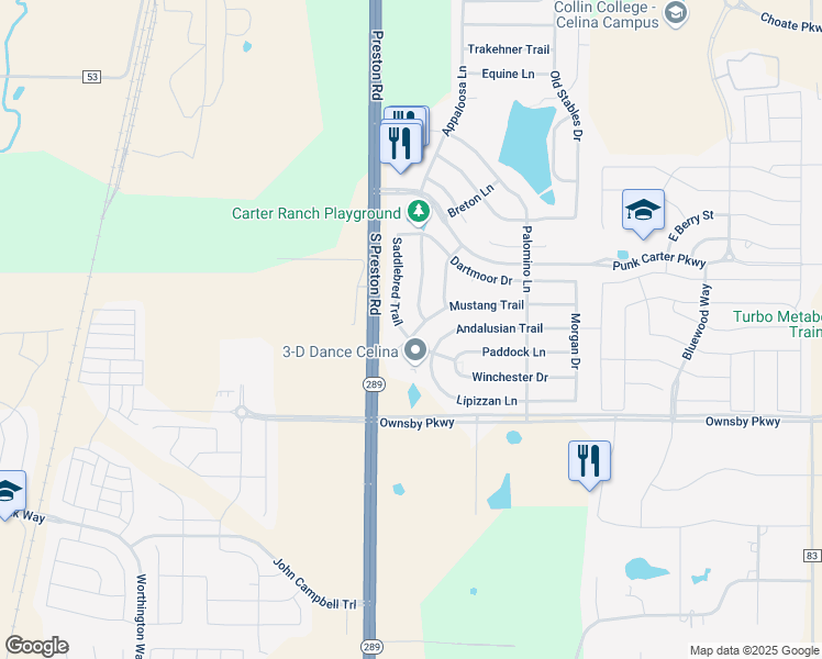 map of restaurants, bars, coffee shops, grocery stores, and more near 2846 Saddlebred Trail in Celina