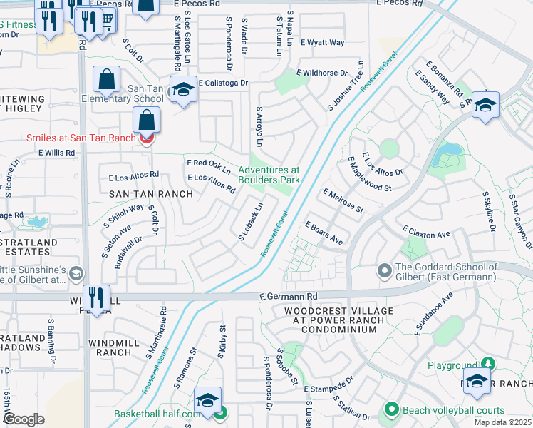 map of restaurants, bars, coffee shops, grocery stores, and more near 3770 South Joshua Tree Lane in Gilbert