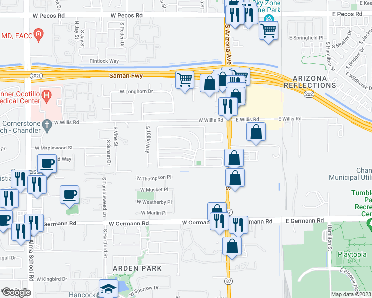 map of restaurants, bars, coffee shops, grocery stores, and more near 184 Mobile Home Park in Chandler