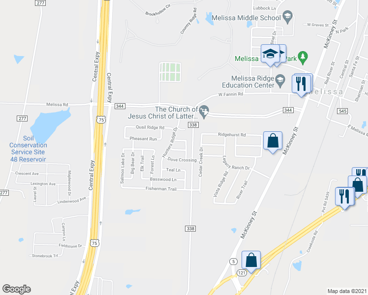 map of restaurants, bars, coffee shops, grocery stores, and more near 2301 Mallard Drive in Melissa