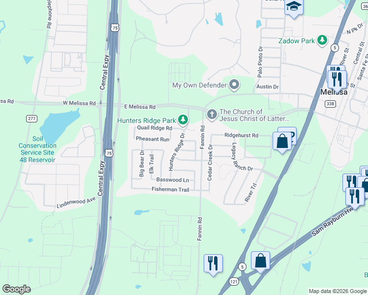 map of restaurants, bars, coffee shops, grocery stores, and more near 511 Hunters Ridge Drive in Melissa