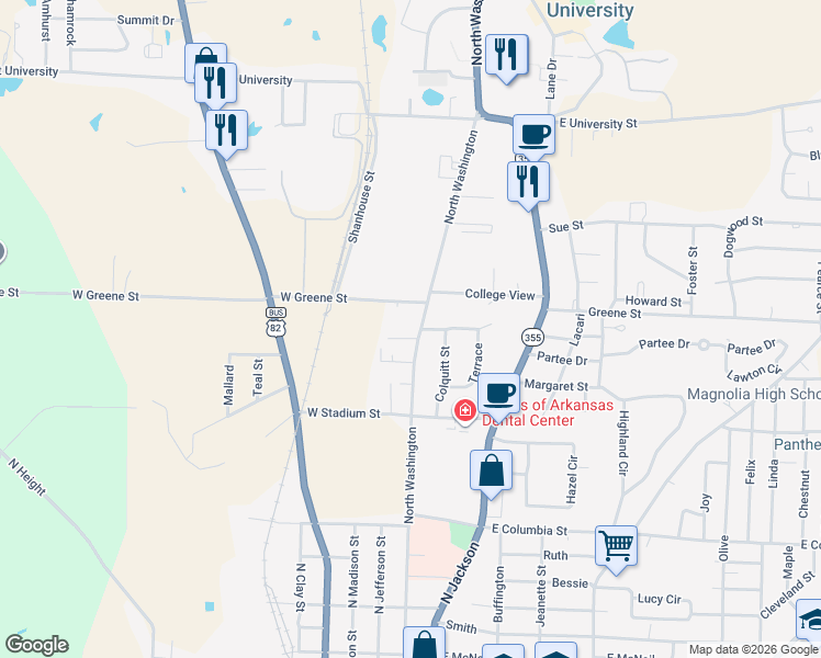map of restaurants, bars, coffee shops, grocery stores, and more near 1511 North Washington in Magnolia