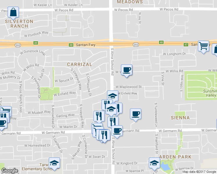 map of restaurants, bars, coffee shops, grocery stores, and more near 1641 South Karen Drive in Chandler