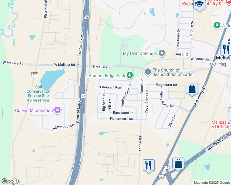 map of restaurants, bars, coffee shops, grocery stores, and more near 2307 Arrowhead Pass in Melissa