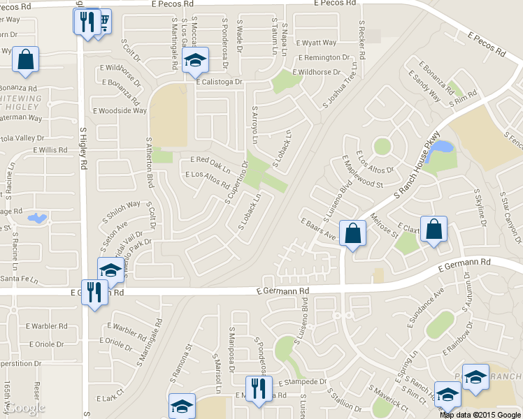 map of restaurants, bars, coffee shops, grocery stores, and more near 3770 South Joshua Tree Lane in Gilbert