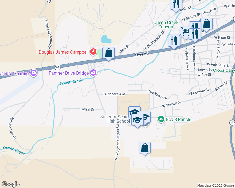 map of restaurants, bars, coffee shops, grocery stores, and more near South Richard Avenue in Superior