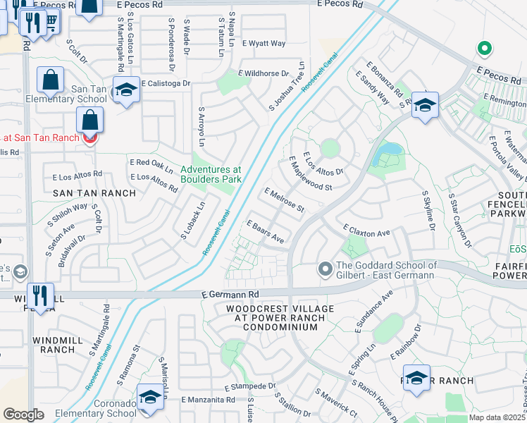 map of restaurants, bars, coffee shops, grocery stores, and more near 3854 East Battala Avenue in Gilbert
