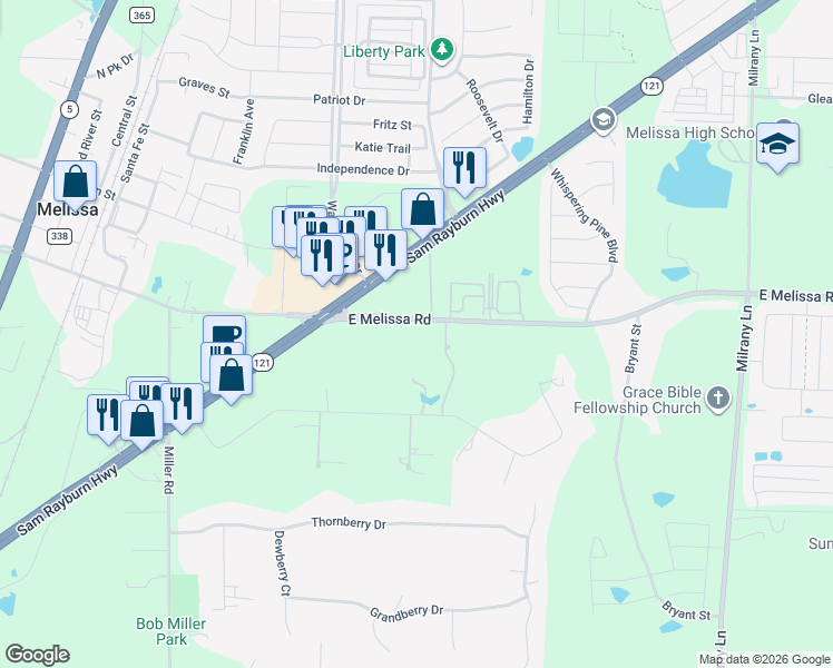 map of restaurants, bars, coffee shops, grocery stores, and more near 3522 East Melissa Road in Melissa